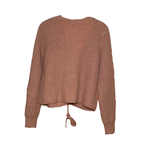 Ruched Drawstring V-Neck Cropped Sweater Earth Tone Medium - Picture 3 of 7